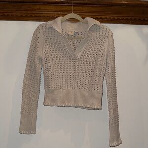 Joie Light Beige Open-Knit V-Neck Sweater with Collar
